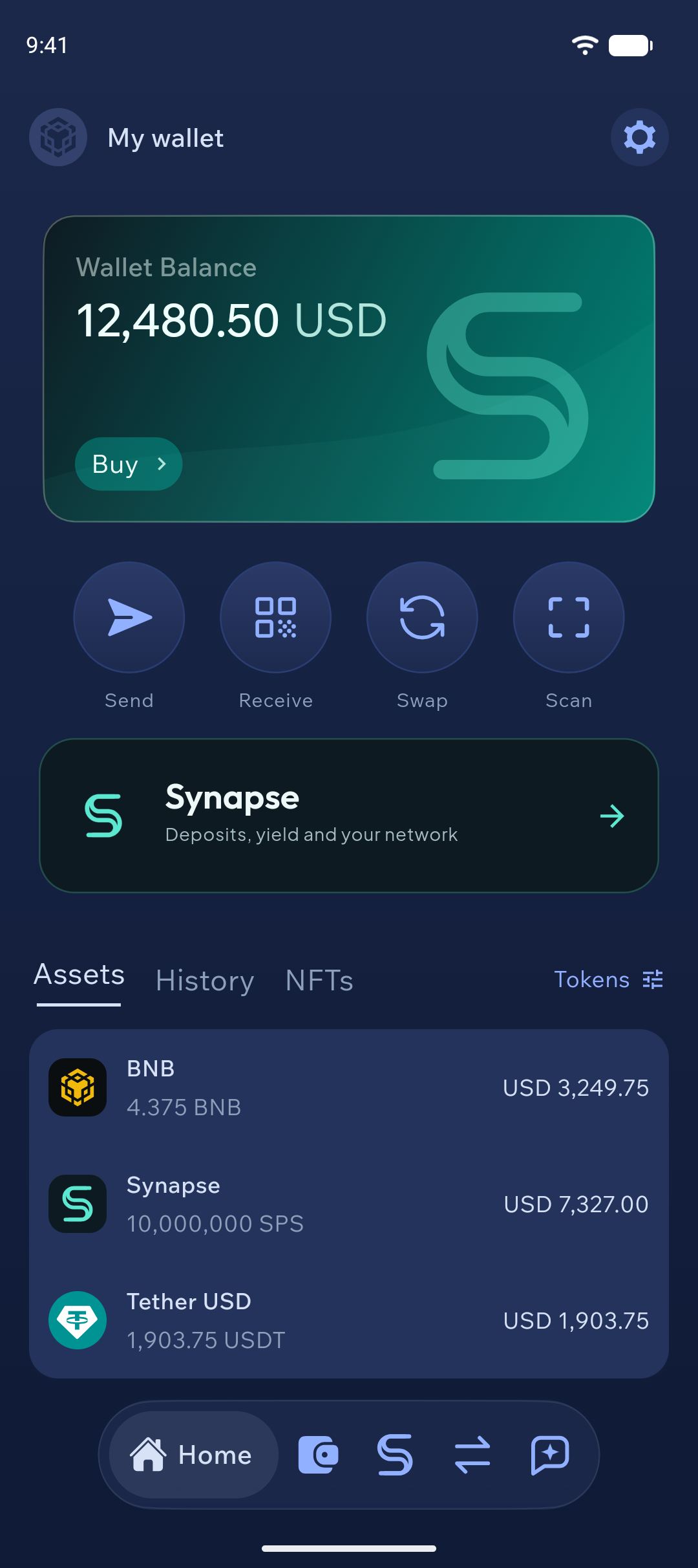 Synapse Wallet home with assets and quick actions